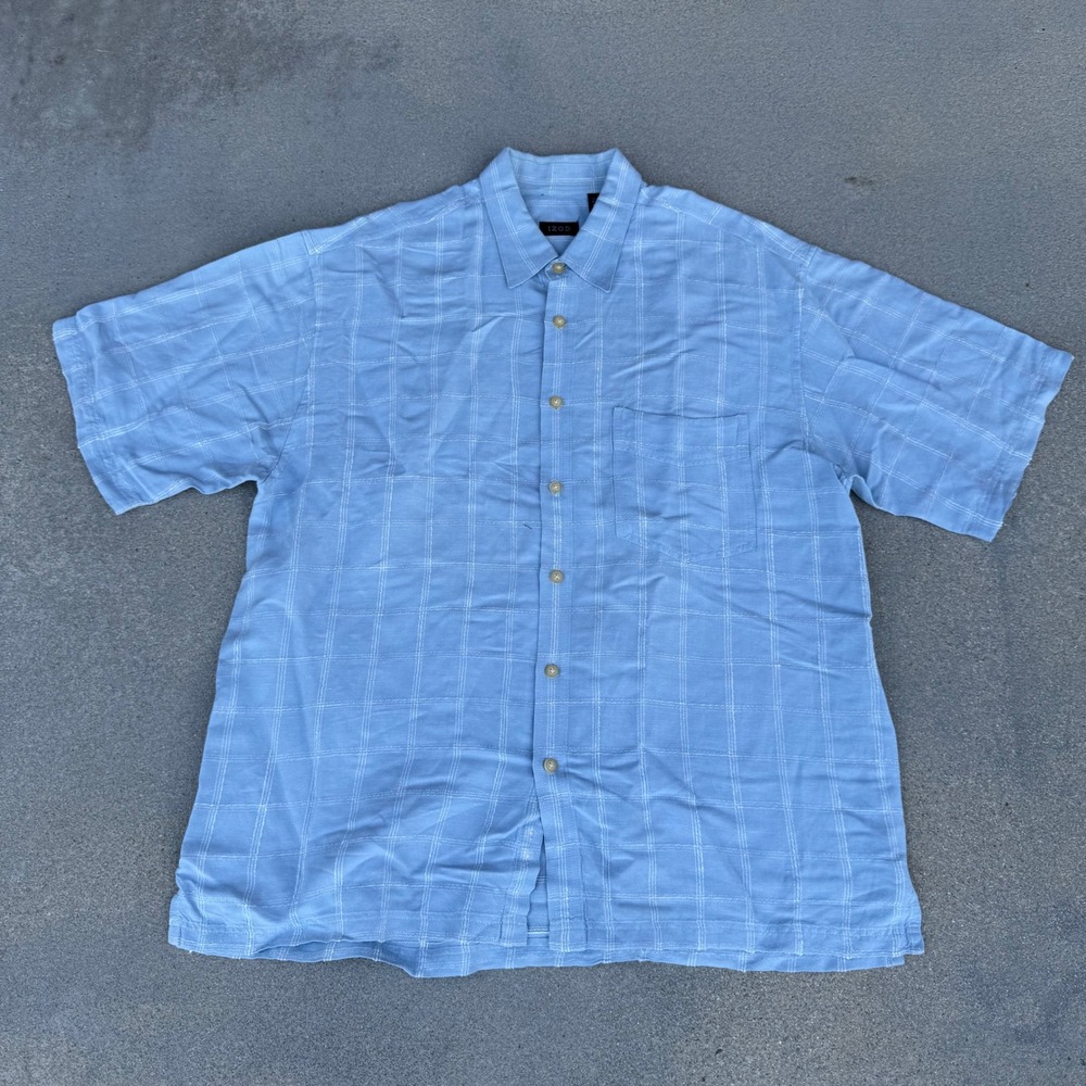 Izod Mens Large Blue Plaid Linen Blend Short Sleeve Button Down Shirt